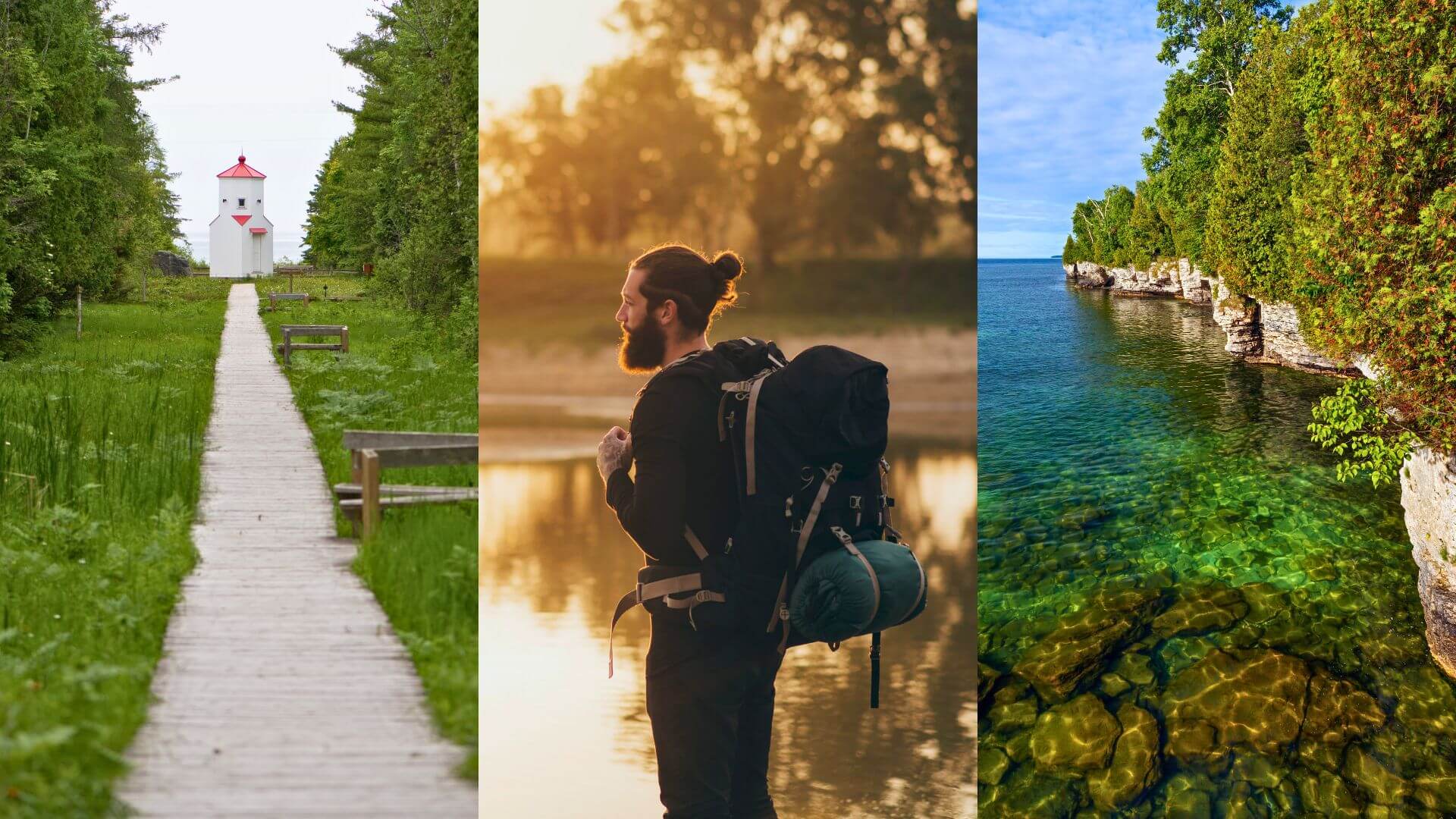 collage of boardwalk to lighthouse in sturgeon bay hiker in front of like a sunrise and door county coastline